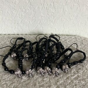 12-Gothic Y2K Blk Bracelets Macrame Beaded Adj. Silver Skull Rhinestone Eyes